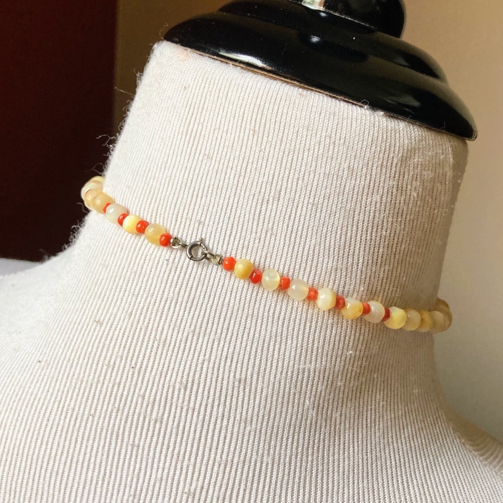 Antique Art Deco Mother of Pearl Coral Beads Graduated Necklace Sterling Silver - Picture 8 of 12